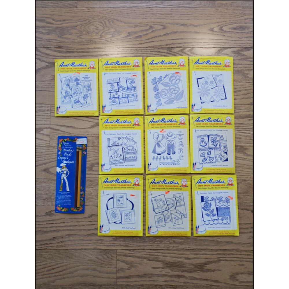 Set of 11 Vintage Aunt Martha's Hot Iron Transfers w Vogart Transfer Pencils New
